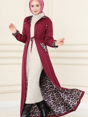 Mürdüm Leopar Desenli Trençkot Mürdüm Leopar Desenli Trençkot