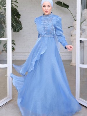 Mavi Sual Taş İşlemeli Abiye Elbise Mavi Sual Taş İşlemeli Abiye Elbise