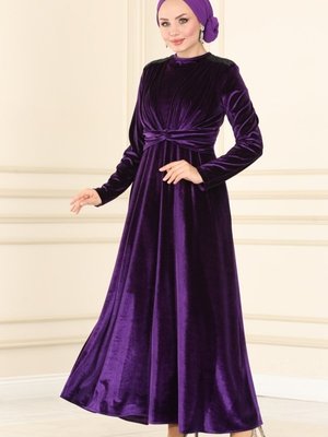 Mor Pul Detaylı Kadife Elbise Mor Pul Detaylı Kadife Elbise