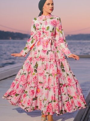 Ekru Eteği Fırfırlı Atlas Elbise Ekru Eteği Fırfırlı Atlas Elbise