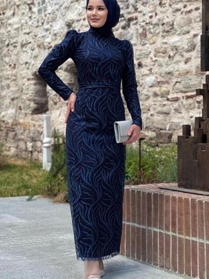 Kadın Lacivert Desenli Abiye Elbise T