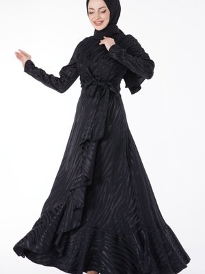 Düz Bisiklet Yaka Siyah Varaklı Abiye Elbise