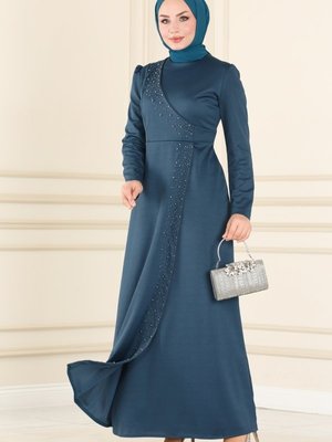 Petrol İnci İşlemeli Elbise