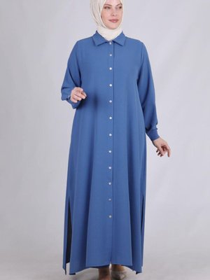 Mavi Büyük Beden Düğmeli Pantolonlu Uzun Takım Mavi Büyük Beden Düğmeli Pantolonlu Uzun Takım