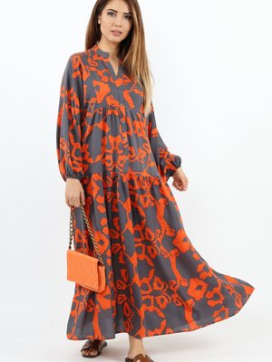 Prive Chain Viskon Maksi Boy Turuncu Balon Kol Uzun Yazlık Elbise