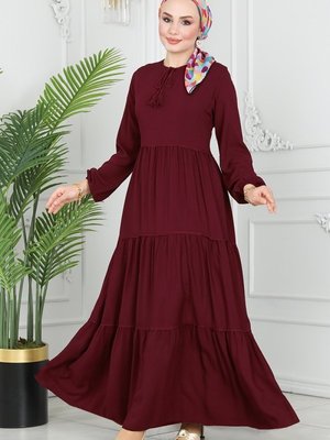 Bordo Yakası Bağlamalı Viskon Elbise Bordo Yakası Bağlamalı Viskon Elbise