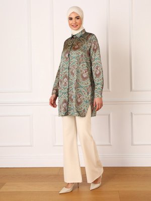 Geniş Kesim Şal Desenli Saten Tunik Yeşil