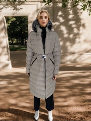 Bej Kürk Kapüşonlu Kemerli Şişme Mont Koyu