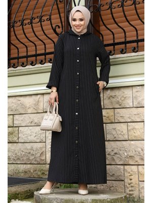 Siyah Ahsen Boydan Düğmeli Kap