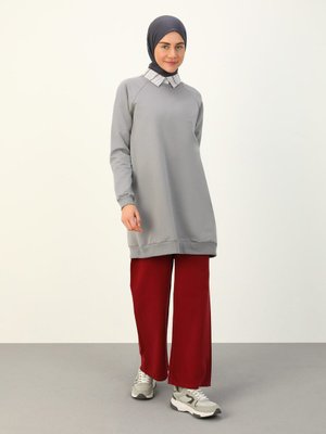 Pamuklu Bisiklet Yaka Sweatshirt Gri