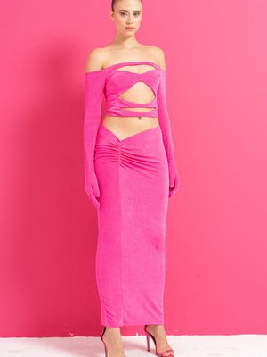 Fuşya Büzgü Detaylı Uzun Etek