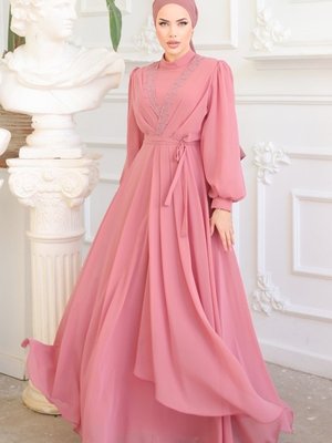 Gül Kurusu Taş İşlemeli Şifon Abiye Elbise