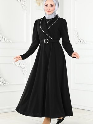 Siyah Kruvaze Yaka Elbise