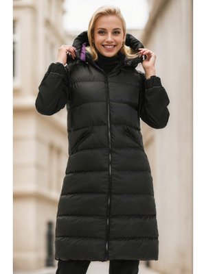 Fermuarlı Uzun Şişme Yelek Siyah Mor