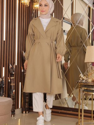 Geniş Yaka Kuşaklı Trençkot Vizon