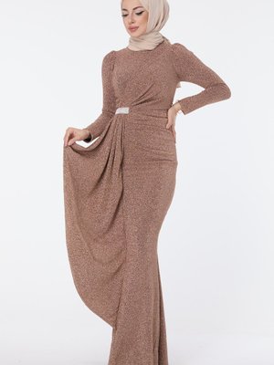 Gold Beli Drape Detaylı Simli Abiye Elbise