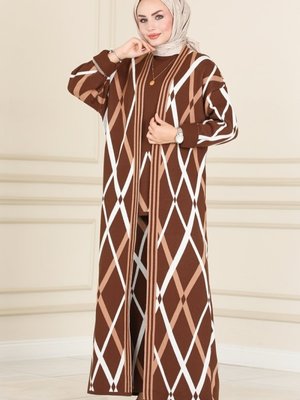 Kahve Baklava Desenli Triko Üçlü Takım Kahve Baklava Desenli Triko Üçlü Takım