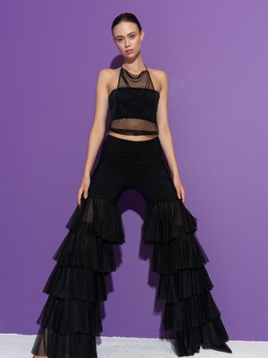 Siyah Fırfırlı Tüllü Pantolon