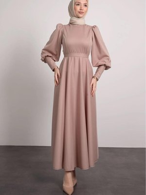 Balon Kol Pile Etek Detaylı Tesettür Elbise