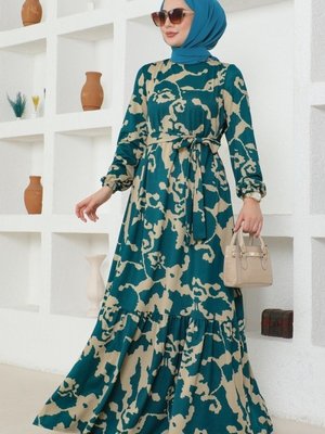 Petrol Desenli Kemerli Helen Elbise