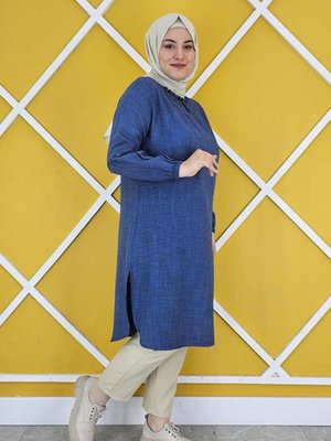 Kadın Kolları Dikim Ve Taş Detaylı Tesettür Keten Tunik