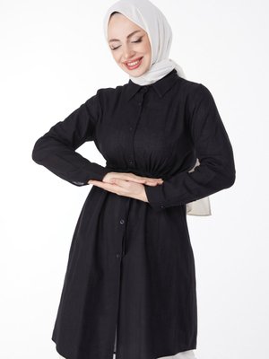 Düz Orta Siyah Beli Tünel Detaylı Tunik