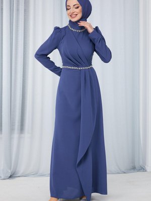 Indıgo Yakası Ve Beli Taş Detaylı Önü Parçalı Abiye Elbise