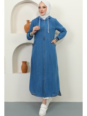 Lacivert Cep Detaylı Kapüşonlu Kot Kap Lacivert Cep Detaylı Kapüşonlu Kot Kap