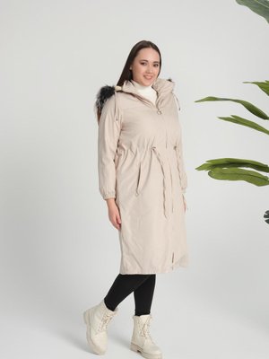 Bondit Kumaş Kapüşonlu İçi Kürklü Kışlık Mont, Taş