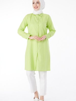 Düz Gömlek Yaka Yağ Yeşili Tunik
