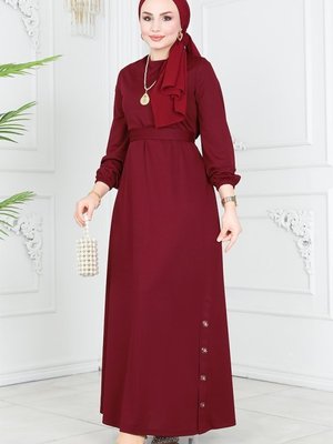 Bordo Aksesuar Düğmeli Mira Elbise Bordo Aksesuar Düğmeli Mira Elbise