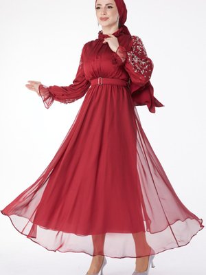 Düz Hakim Yaka Bordo Kol Ve Omuz Taş Detaylı Abiye Elbise Düz Hakim Yaka Bordo Kol Ve Omuz Taş Detaylı Abiye Elbise