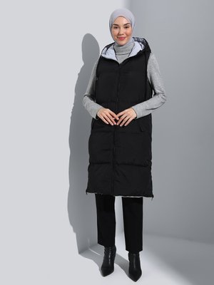 Kapüşonlu Fermuar Kapamalı Çift Taraflı Şişme Yelek Siyah Gri Kapüşonlu Fermuar Kapamalı Çift Taraflı Şişme Yelek Siyah Gri