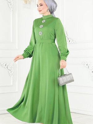 Yeşil Taş İşlemeli Saten Abiye Elbise