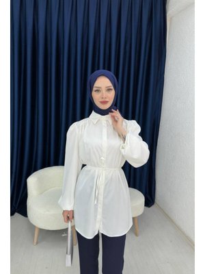 Beyaz Balon Kol Saten Gömlek Beyaz Balon Kol Saten Gömlek