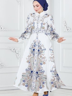 Vizyon & Ekru Önden Düğmeli Atlas Elbise