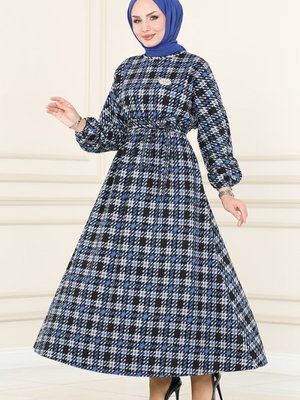 İndigo Beli Lastikli Kışlık Elbise