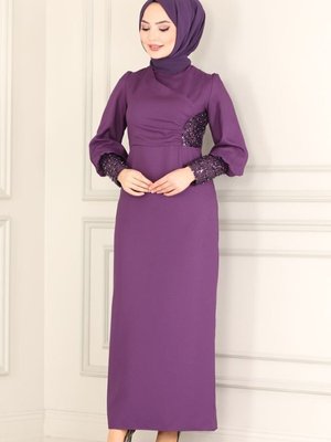 Mor Pul Detaylı Krep Elbise Mor Pul Detaylı Krep Elbise