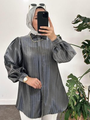 Çizgili Parlak Gömlek Siyah Çizgili Parlak Gömlek Siyah