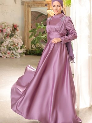 Lila Sual Omuzu Taş İşlemeli Saten Abiye Elbise