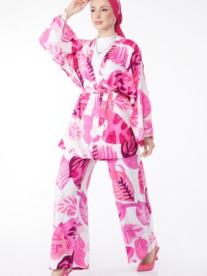 Fusya Desenli Kimono Pantolon İkili Takım