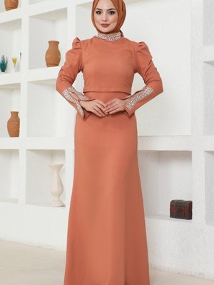 Somon Damla Taş Detaylı Krep Elbise Somon Damla Taş Detaylı Krep Elbise