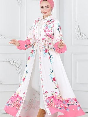 Pembe & Ekru Çiçek Desenli Elbise