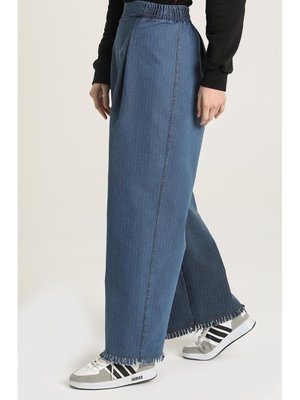 Kot Mavi Bol Paça Saçaklı Pantolon