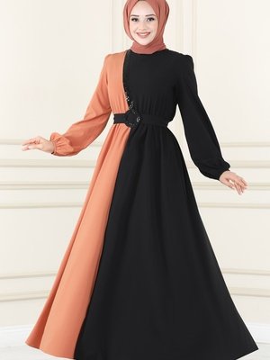 Somon & Siyah Çift Renkli Krep Elbise