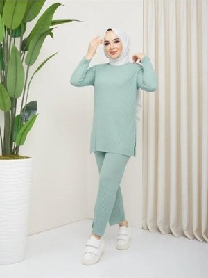 Çagla Yeşili Yırtmaçlı Bluz Alt Palazzo Fitilli Takım Tkm