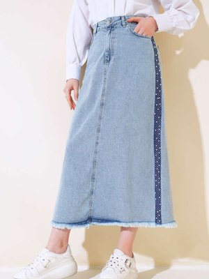 Yanları Taşlı Kot Etek Yanları Taşlı Kot Etek