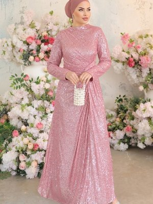 Gül Kurusu Beli Drapeli Pul Payet Abiye Elbise