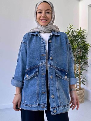 Çift Cep Taşlı Kot Ceket Mavi