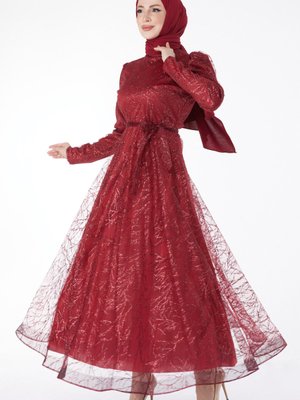 Düz Hakim Yaka Bordo Işıltılı Simli Abiye Elbise Düz Hakim Yaka Bordo Işıltılı Simli Abiye Elbise